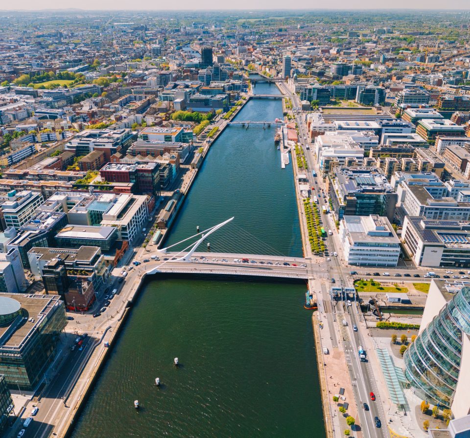 Aerial view of Dublin City, Ireland, featuring the majestic Liffey River